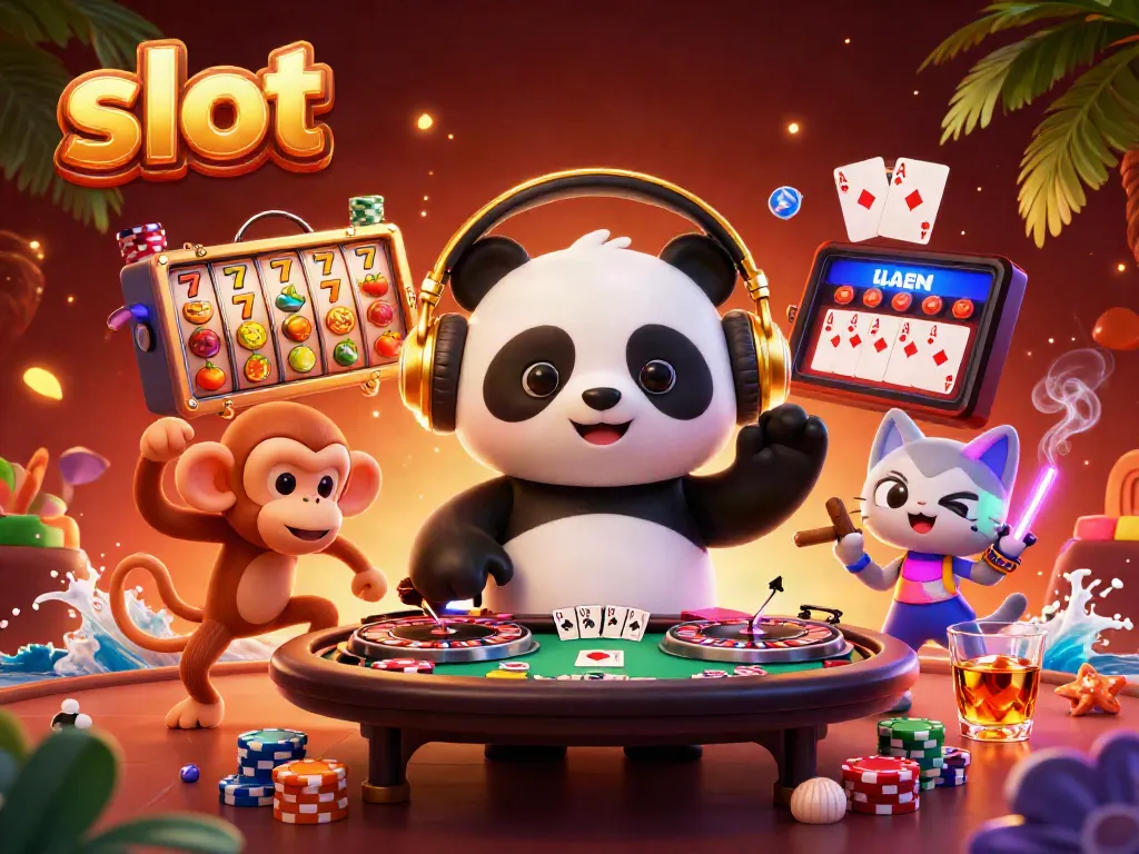 Experience exciting slot games with interactive DJ panda and vibrant casino elements.