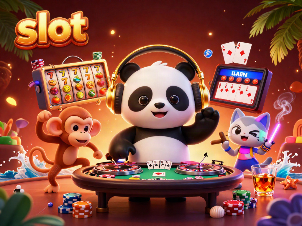 Experience exciting slot games with interactive DJ panda and vibrant casino elements.