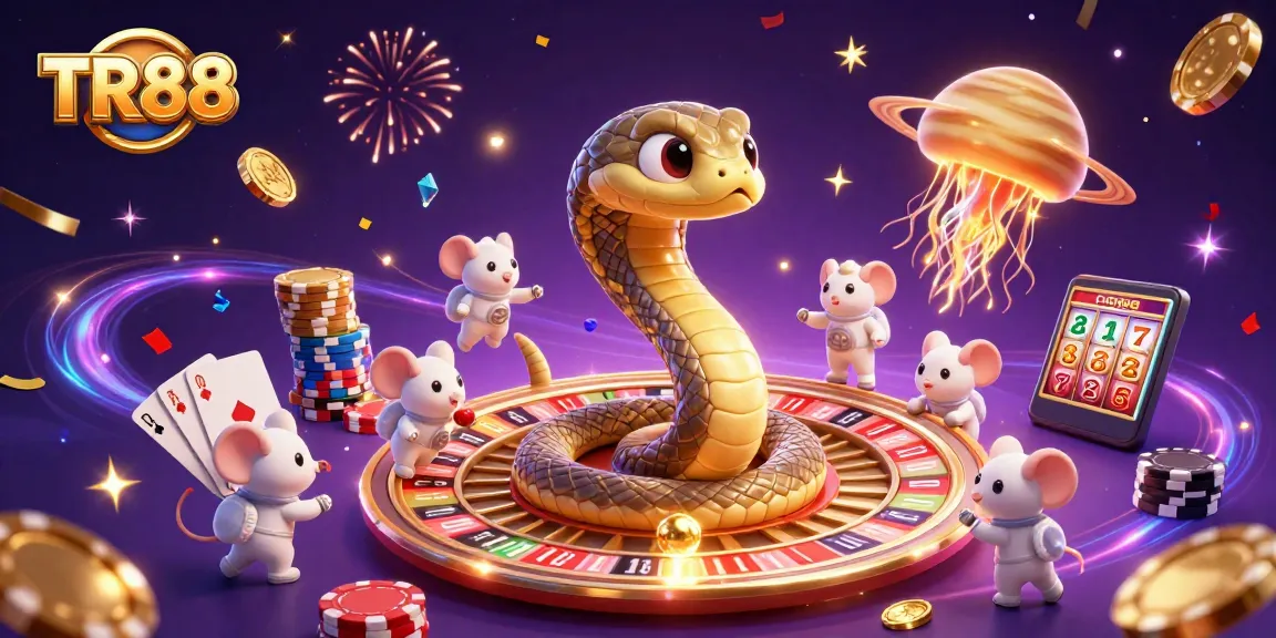 TR88 players are betting on a cosmic roulette wheel while celebrating wins with golden coins and confetti.
