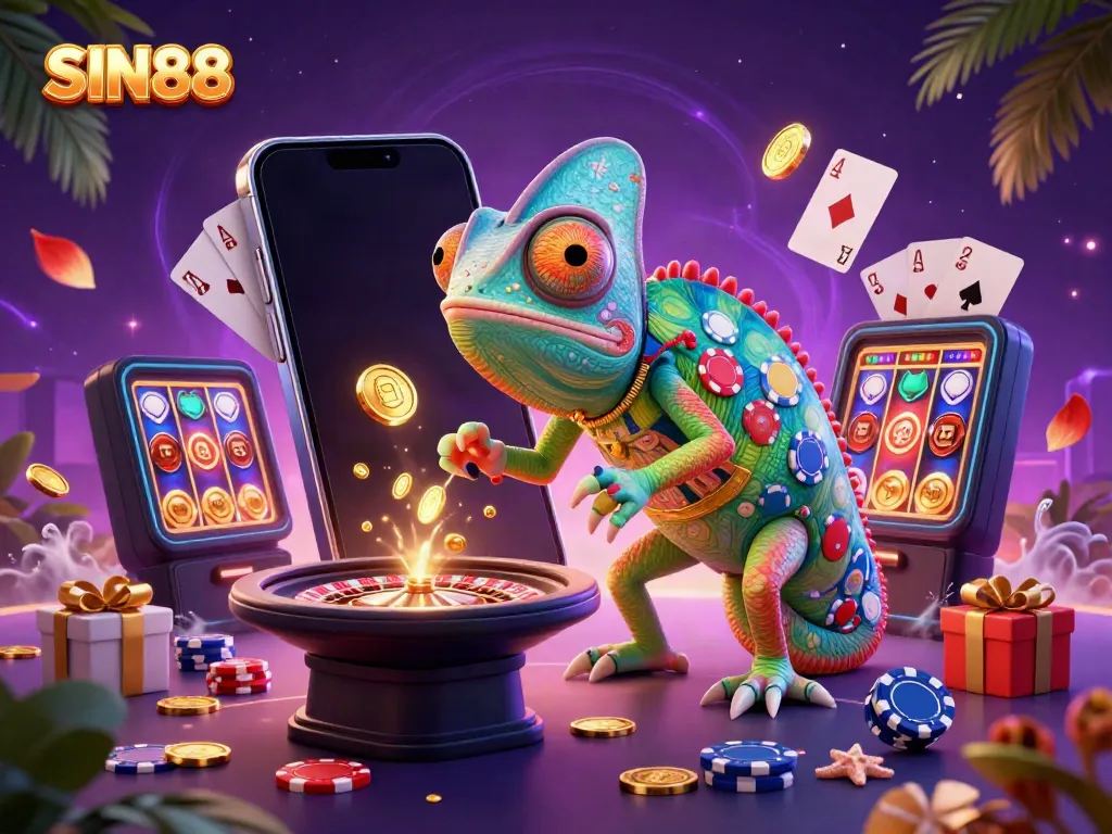 Experience thrilling games at SIN88 with vibrant slot machines, dazzling chips, and a dynamic casino scene.
