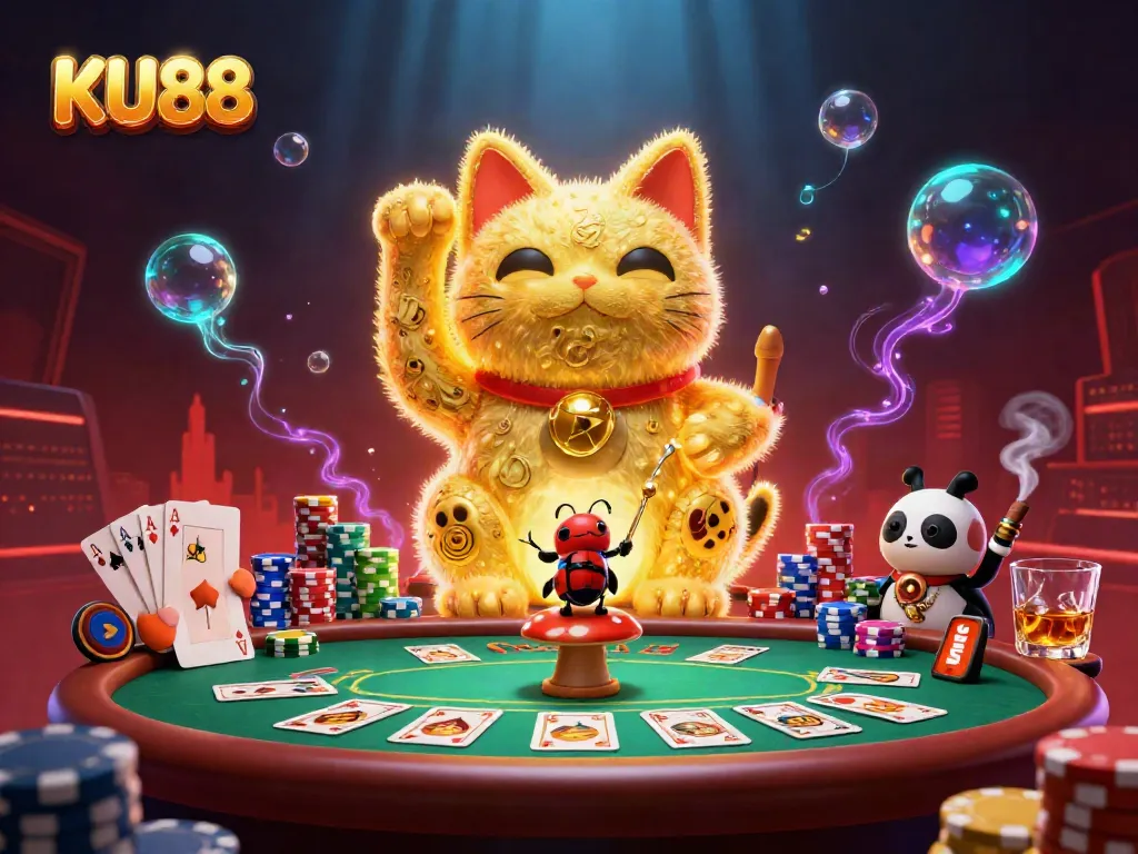 Engage with KU88's vibrant online casino atmosphere featuring a lucky cat and gaming elements.