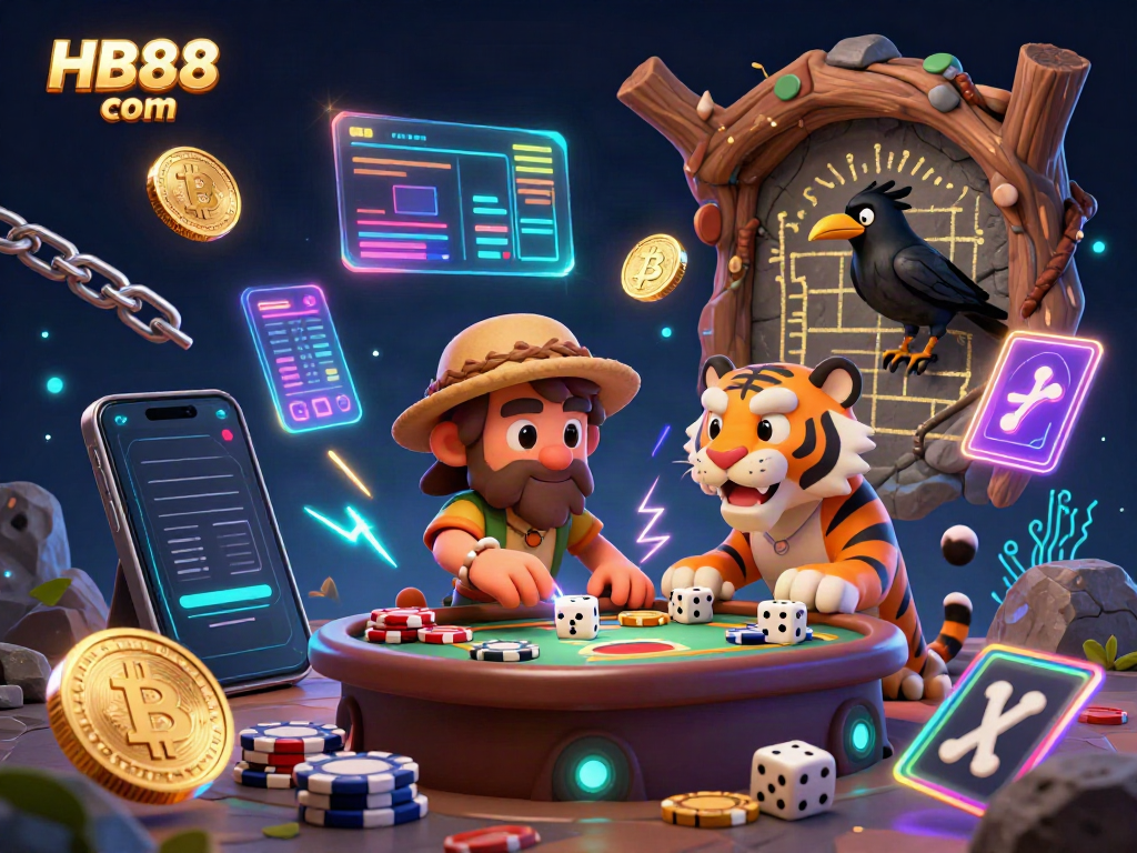 Experience the thrill at HB88 com with a prehistoric casino scene featuring unique characters and elements.