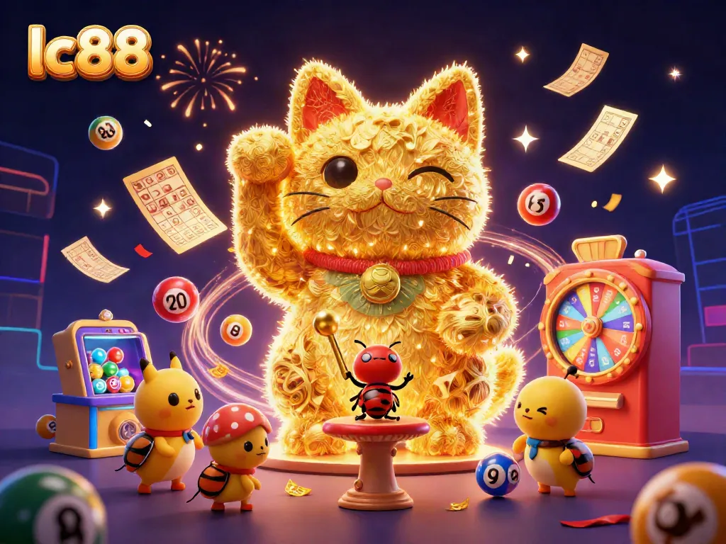 Experience the excitement of lc88 with vibrant golden fireflies sculpting a lucky cat amidst casino symbols.