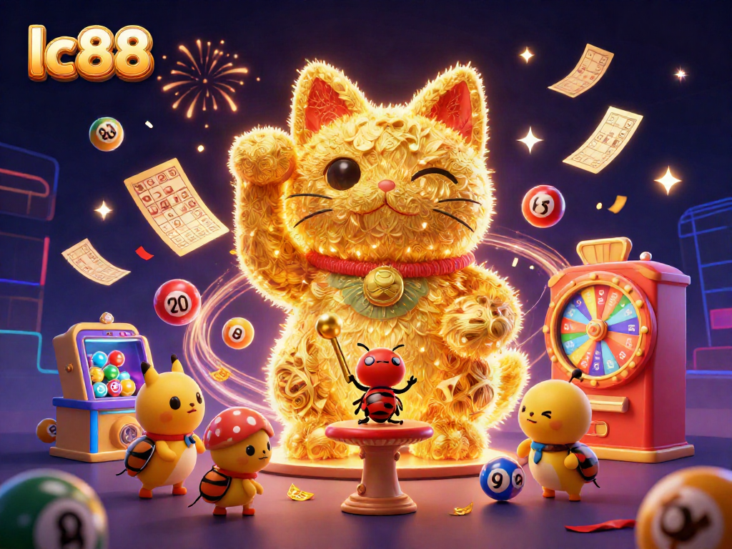 Experience the excitement of lc88 with vibrant golden fireflies sculpting a lucky cat amidst casino symbols.