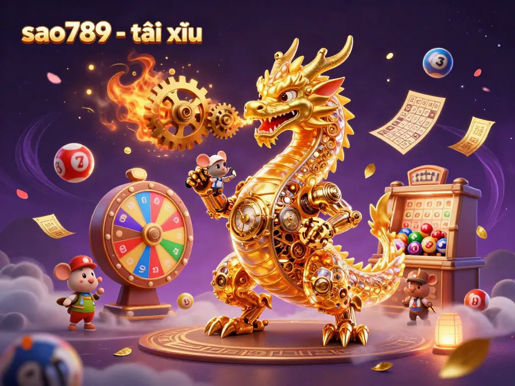 Experience the thrill of sao789 - tài xỉu with a golden dragon and vibrant game elements in a magical setting.