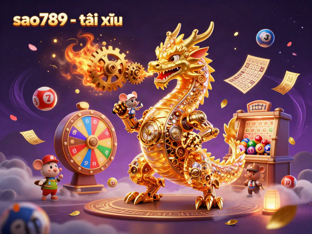 Experience the thrill of sao789 - tài xỉu with a golden dragon and vibrant game elements in a magical setting.