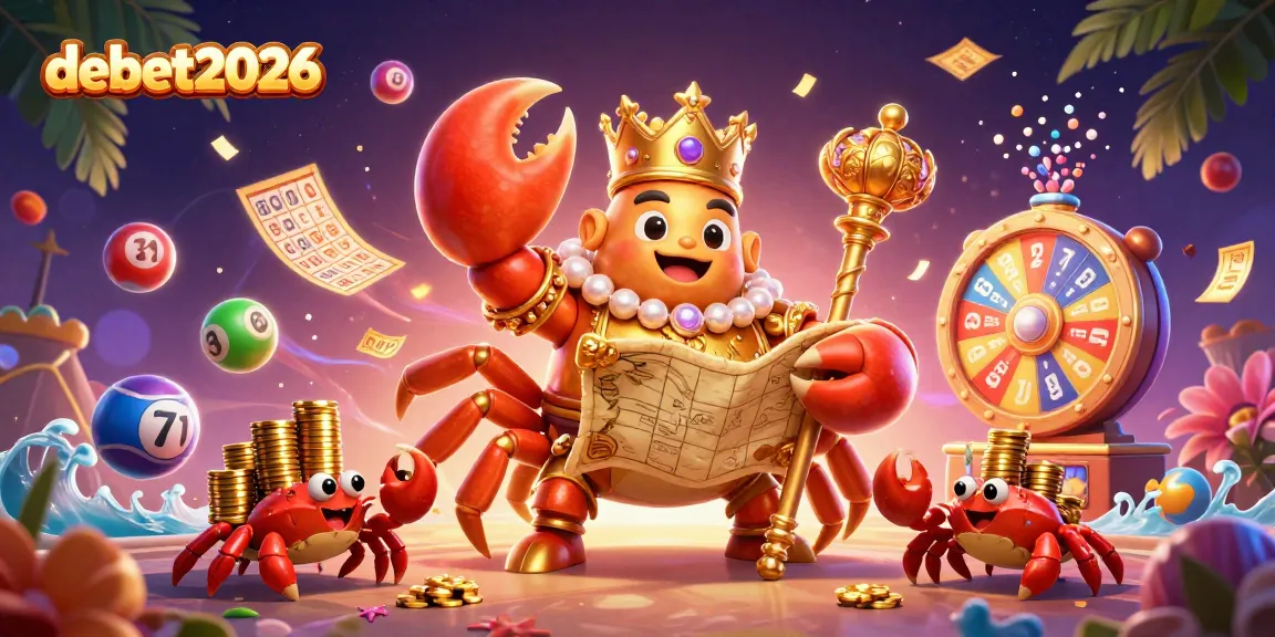Engage with the lottery experience of debet2026 through dynamic illustration featuring colorful lottery elements and a royal crab emperor.