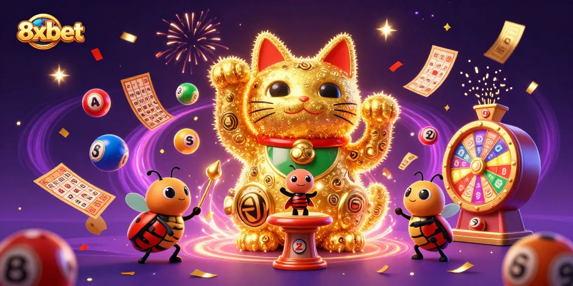 Engage with the 8xbet experience featuring vibrant casino elements and a lucky cat illustration.