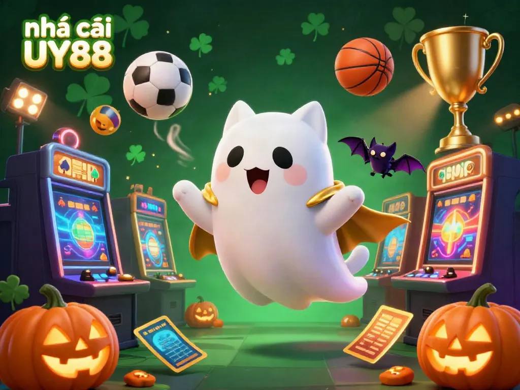 Capture the excitement at nhà cái UY88 with a ghost cat and its bat companion in a lively casino setting.