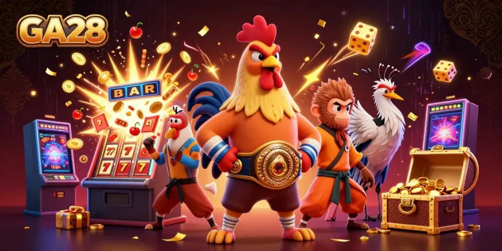 Experience the thrill of GA28 with a dynamic scene of cartoon characters celebrating casino wins amidst vibrant symbols and jackpots.