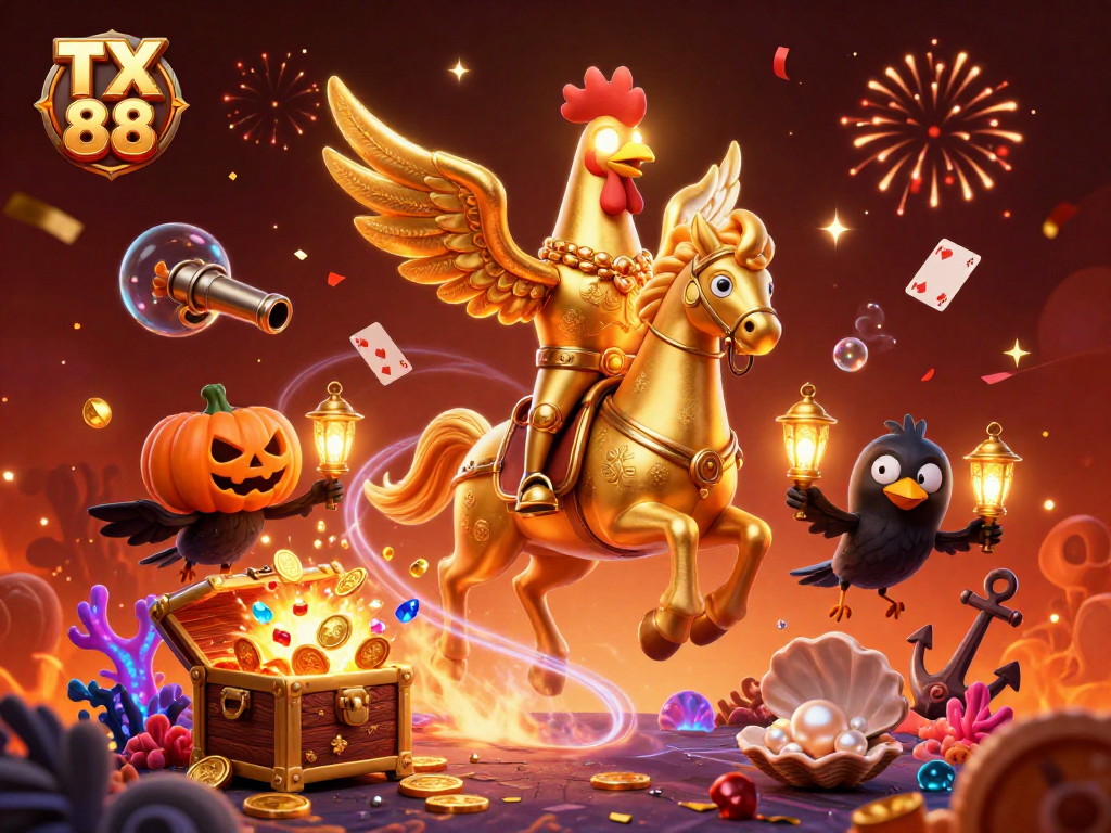 Experience the excitement of TX 88 with a vibrant 3D illustration of a golden rooster and crow companions in a dynamic casino scene.