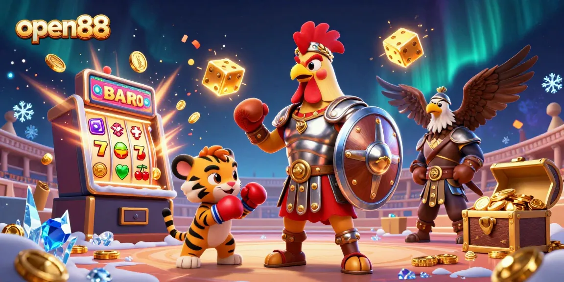 Experience the excitement of open88 gaming with a vibrant 3D illustration of a rooster gladiator amidst casino elements.