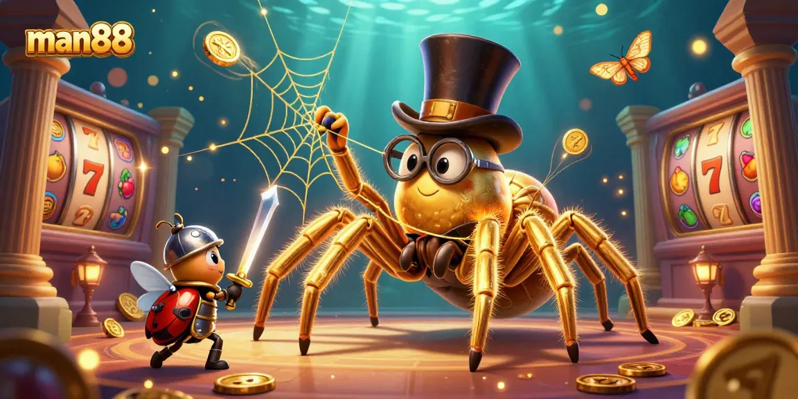 Experience thrilling wins with man88 at a vibrant casino scene featuring a golden tarantula and beetle knight.