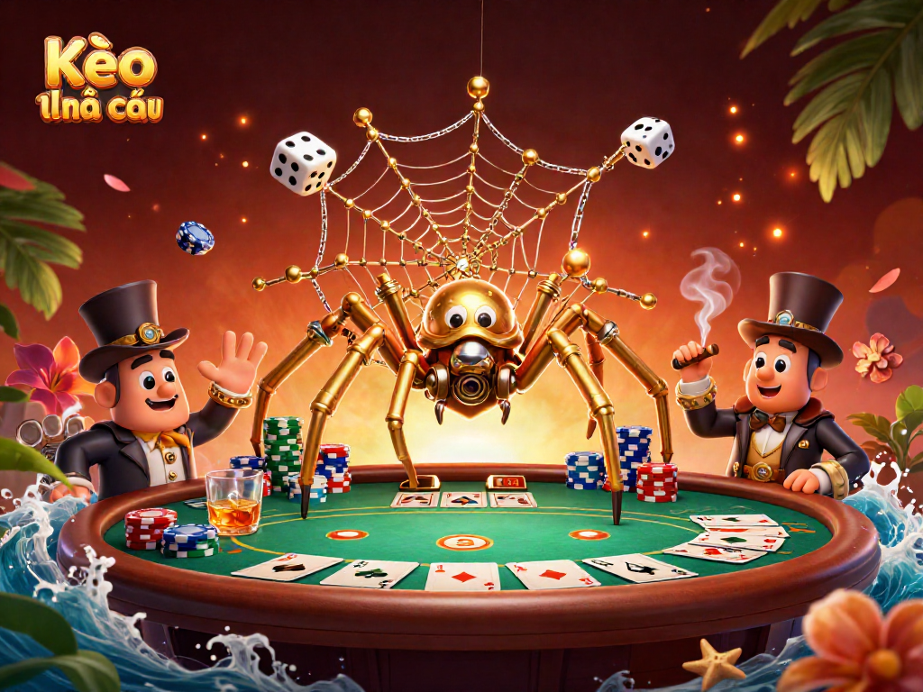 Kèo nhà cái showcases a golden spider and fly gentleman amidst a vibrant poker scene, capturing casino essence.
