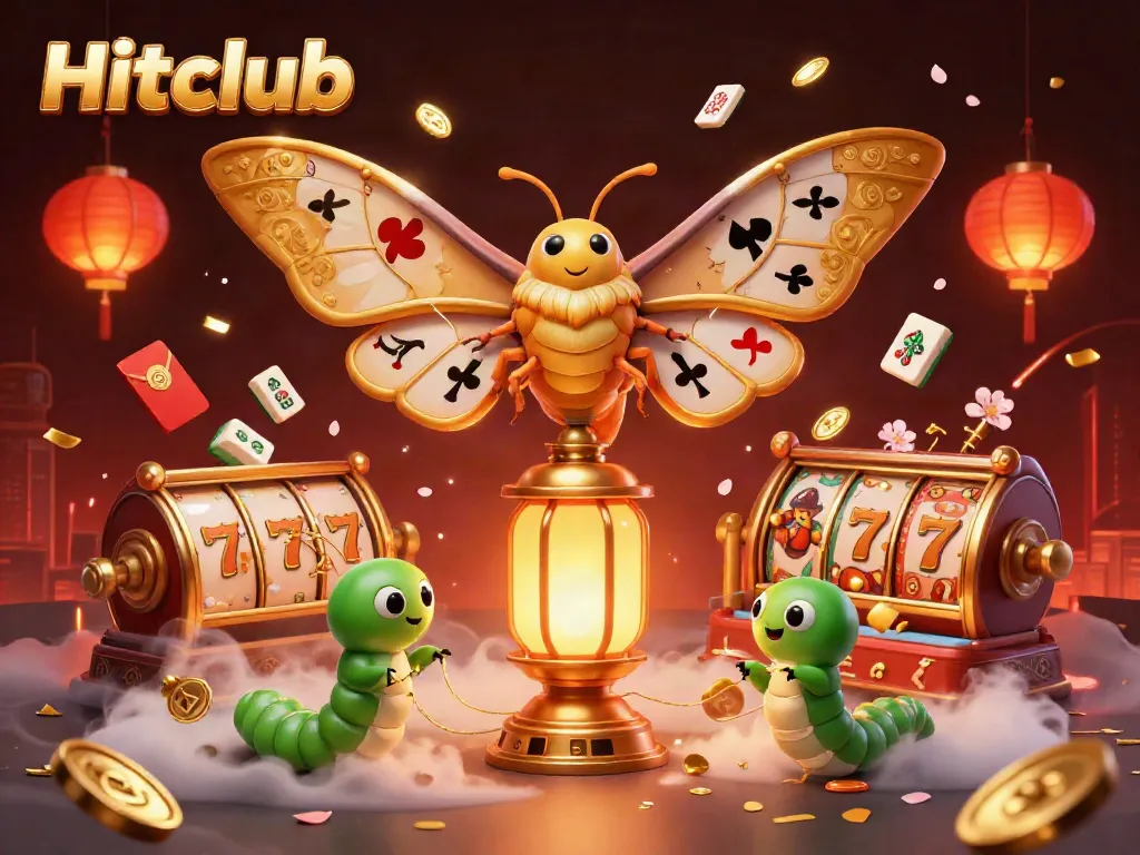 Hitclub features vibrant casino elements with a majestic atlas moth embracing various gaming symbols.