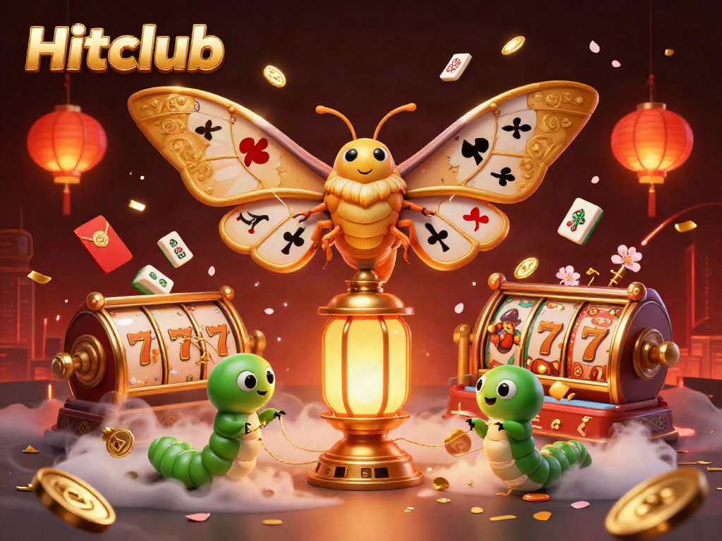 Hitclub features vibrant casino elements with a majestic atlas moth embracing various gaming symbols.