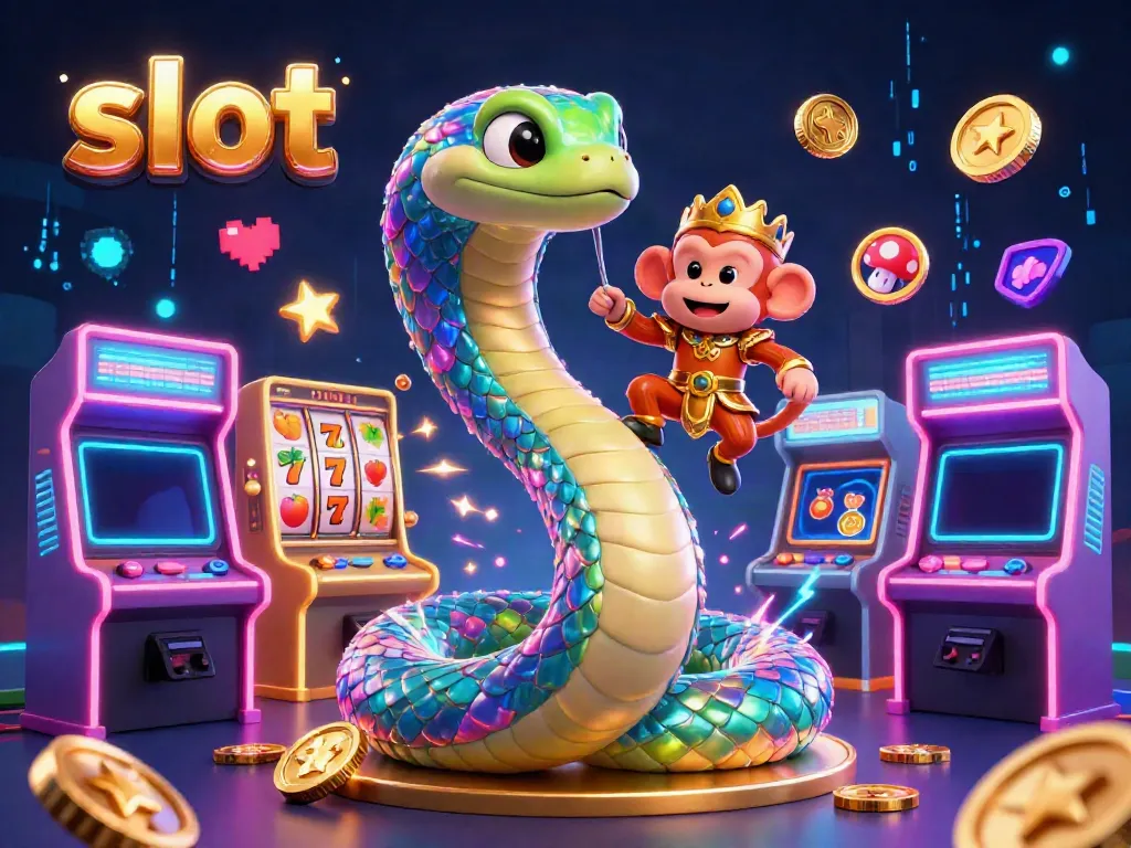 Experience the excitement of slot gaming with a vibrant 3D scene featuring a colorful rainbow serpent and playful monkey king amidst dynamic slot elements.