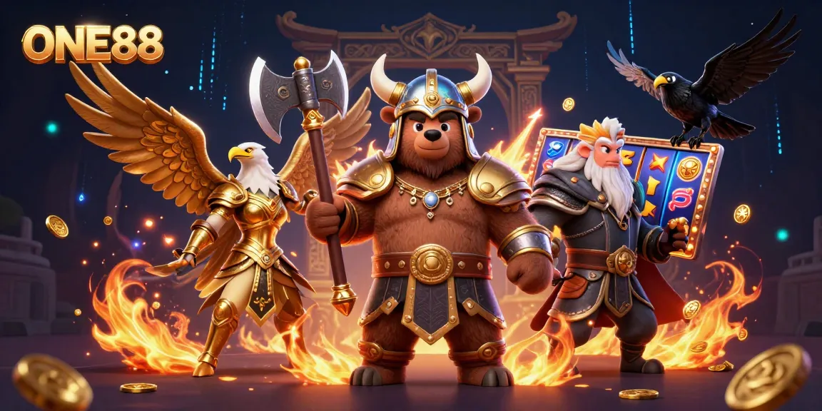 Engage with thrilling casino action at ONE88 featuring slot reels and dynamic characters.