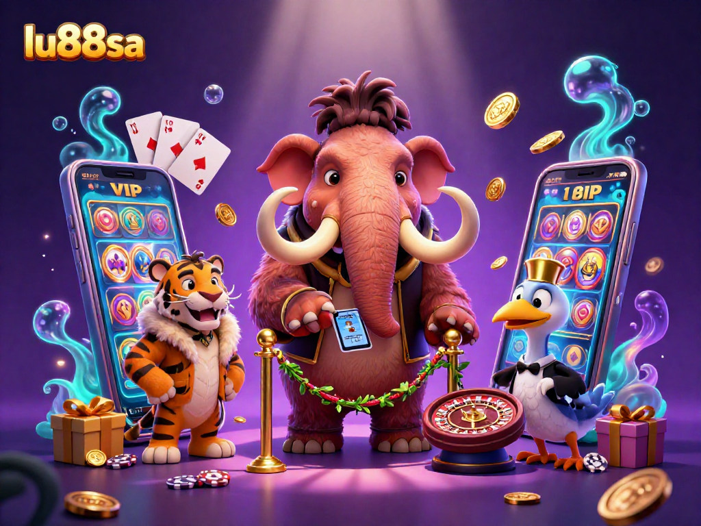 lu88sa welcomes players with a colorful casino scene featuring a mammoth bouncer and vibrant games