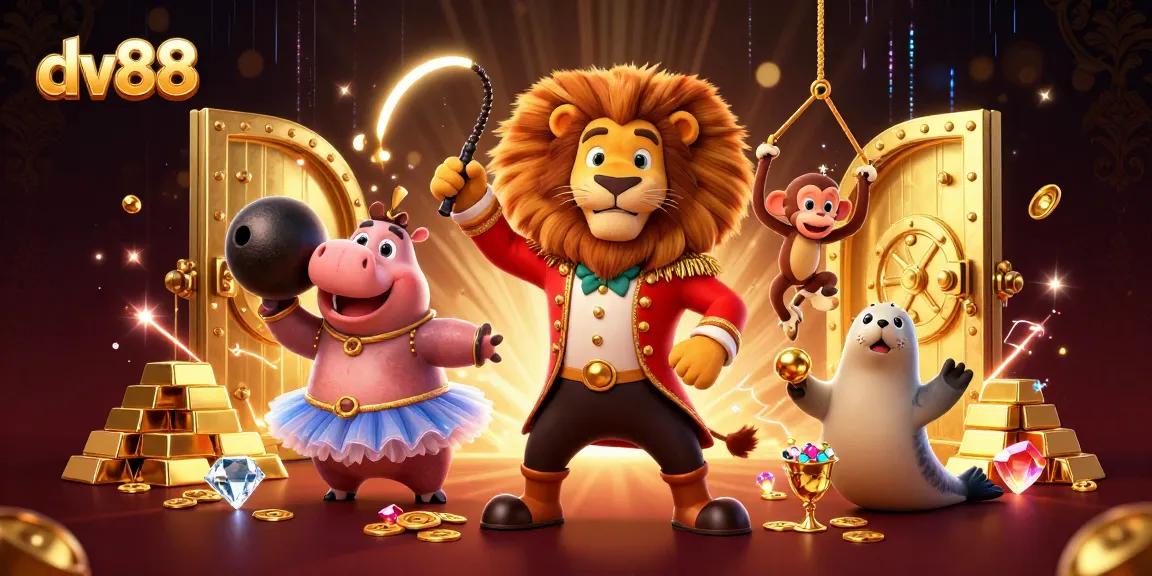 Join the excitement at dv88 with a vibrant 3D circus-themed casino illustration featuring engaging characters and dazzling treasures.