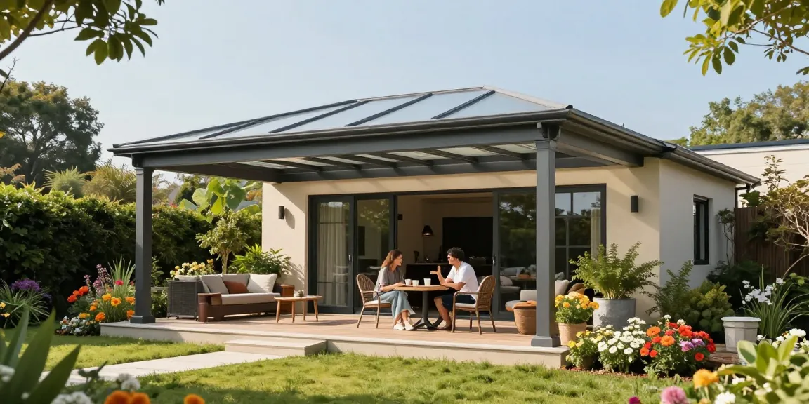 Moderne freistehende Terrassenüberdachung in einem wunderschönen Garten mit blühenden Pflanzen und einem einladenden Sitzbereich.