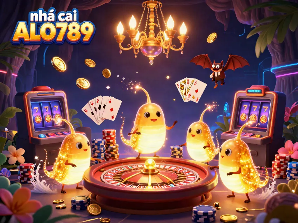 Experience the vibrant excitement at nhà cái ALO789 with animated glowworms lighting up a whimsical casino scene.