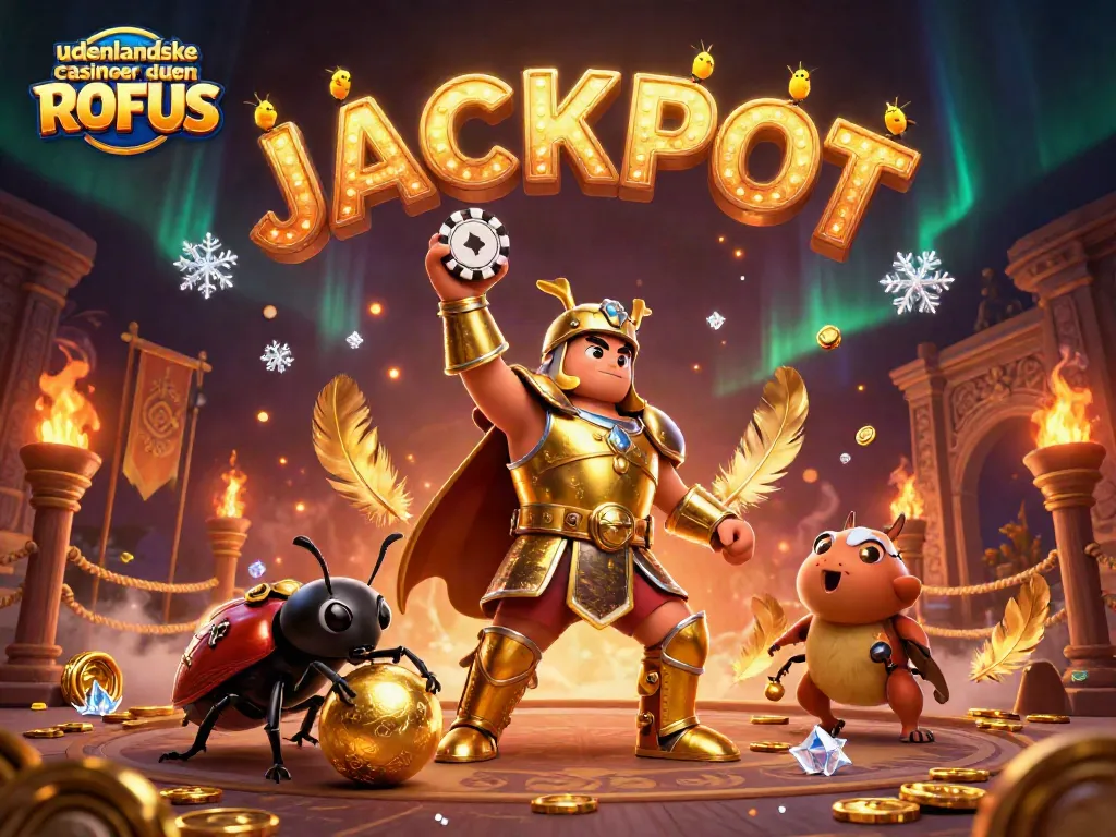 Experience the thrill at udenlandske casinoer uden ROFUS with a cartoon beetle victory illustration.