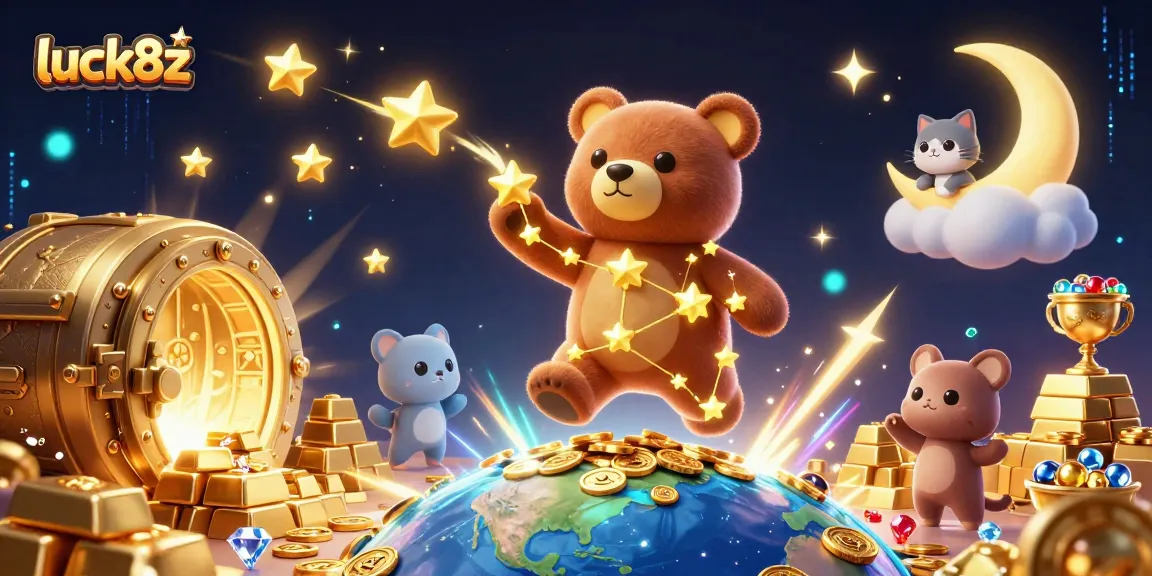 Enjoy thrilling wins at luck8z with a 3D constellation bear guiding players through a vibrant treasure scene.
