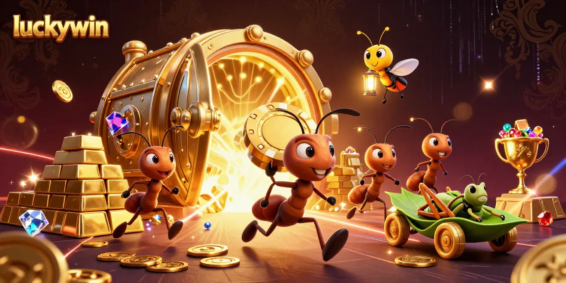 Experience the thrill of luckywin with ants on a heist for gold poker chips in a vibrant casino scene.