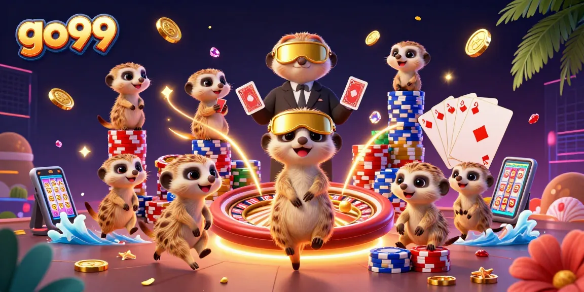 Engage with go99's vibrant 3D casino illustration featuring lively meerkats amidst thrilling gaming elements.