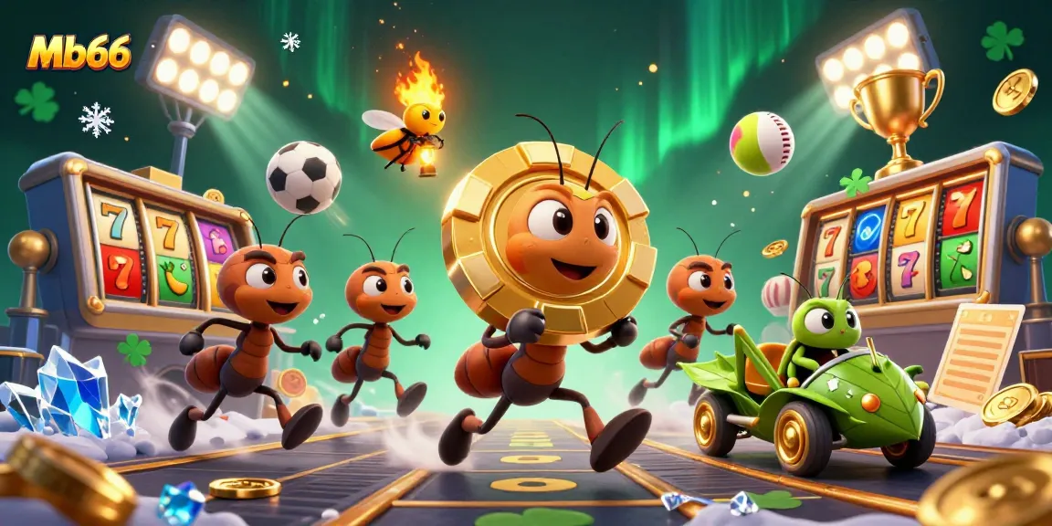 Mb66 showcases a thrilling scene of ants in a heist for a giant poker chip, surrounded by vibrant casino elements.