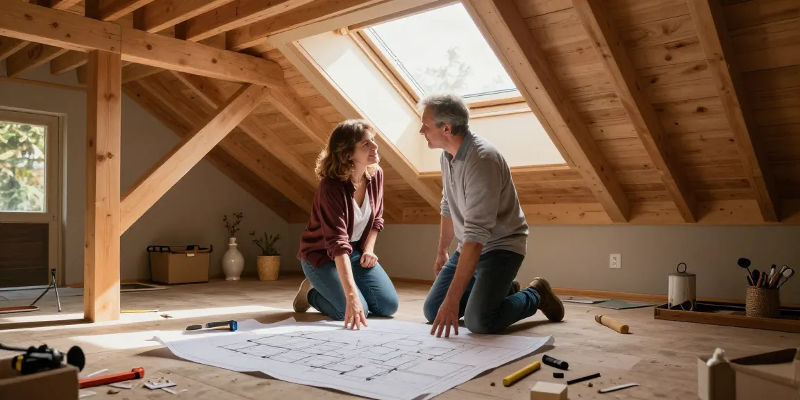 Dachgeschossausbau Augsburg: Ein Ehepaar plant die Renovierung ihres Dachgeschosses mit Dachfenster und Holzträgern.