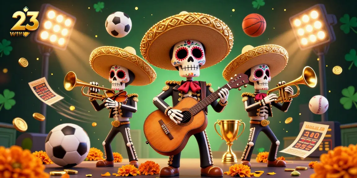 Embrace the thrill of sports betting with the 23win mariachi band, as they bring joy amidst flying sports balls and golden trophies.