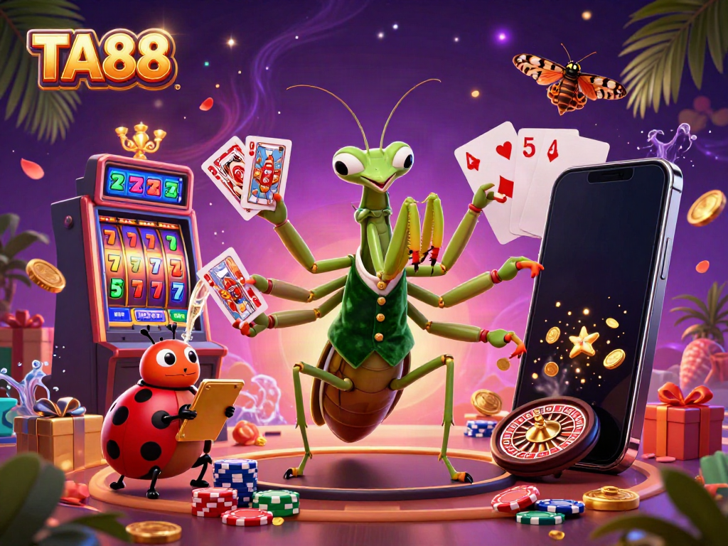 TA88 card sharp and pit boss cheerfully engaging in a vibrant casino scene filled with slot games and stunning graphics.