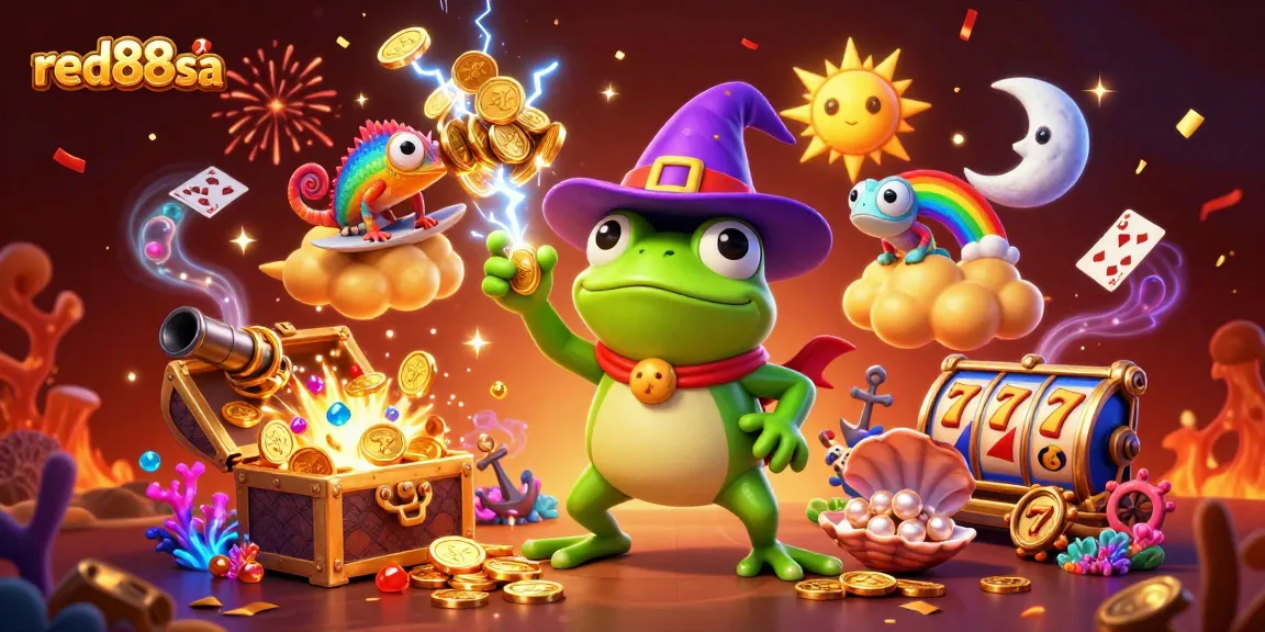 Experience the magic of red88sa with a weather wizard frog and vibrant casino elements in a dynamic scene.