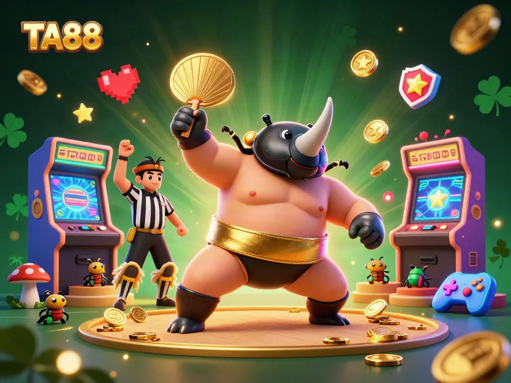 Engage in high-stakes gaming action at TA88, featuring a dynamic sumo beetle champion amidst golden coins and casino elements.