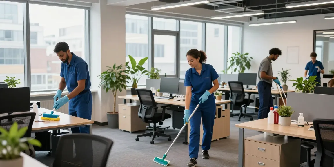 Professionelle Gebäudereinigung Düsseldorf in modernem Büro mit Reinigungsteam und umweltfreundlichen Produkten.