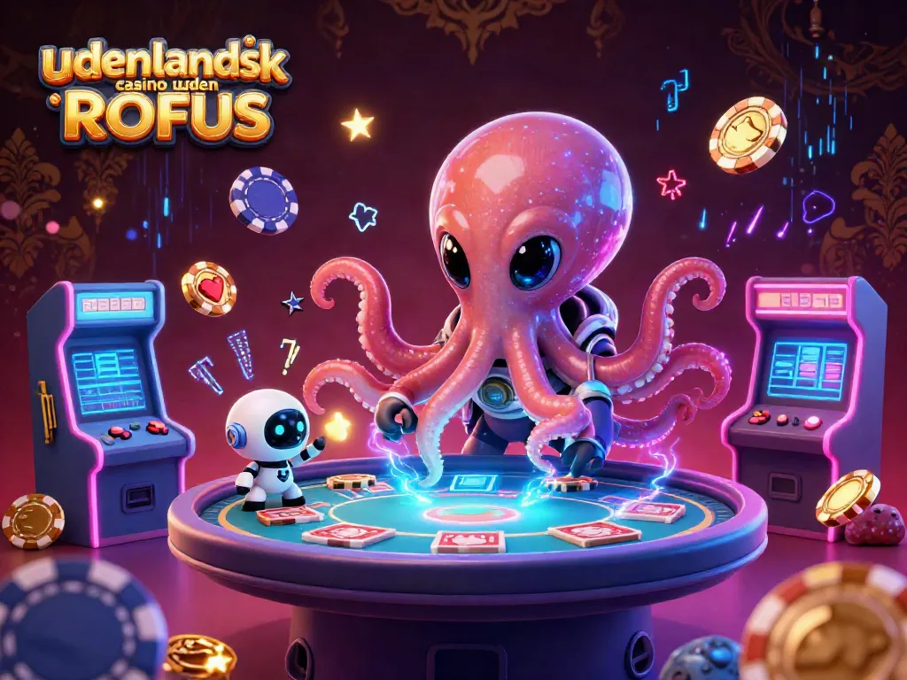 Enjoy thrilling games at udenlandsk casino uden ROFUS with alien octopus dealing cards and vibrant casino ambiance.