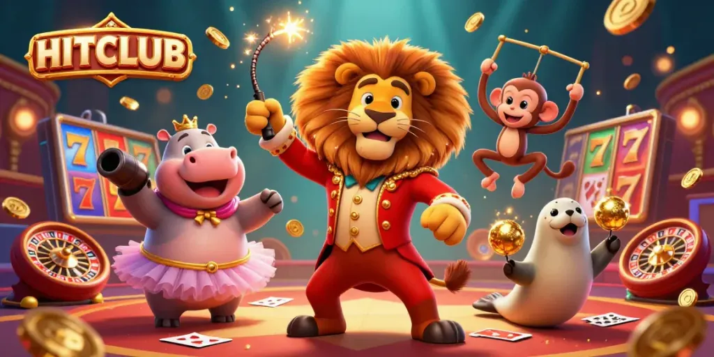 Experience the excitement of HITCLUB with vibrant characters in a dynamic casino scene filled with slots and roulette elements.