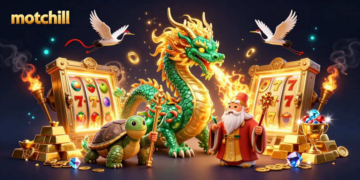 Experience thrilling gambling with motchill’s dynamic 3D illustration of dragons, turtles, and slot machines.