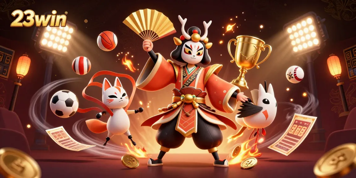 Engage in thrilling sports betting action with 23win's vibrant 3D illustration featuring dynamic casino elements.