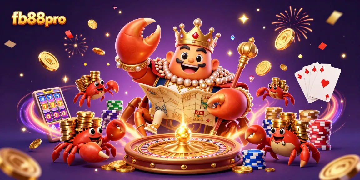 Experience excitement with fb88pro's golden crab emperor surrounded by dynamic casino elements.