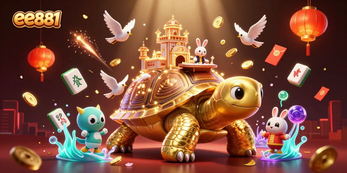 Experience thrilling gaming at ee881 with a vibrant casino scene featuring a golden tortoise and lucky charms.