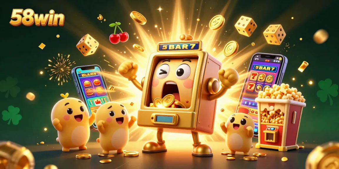 Experience thrilling wins at 58win with a dynamic jackpot scene of animated slot machines celebrating a massive payout.