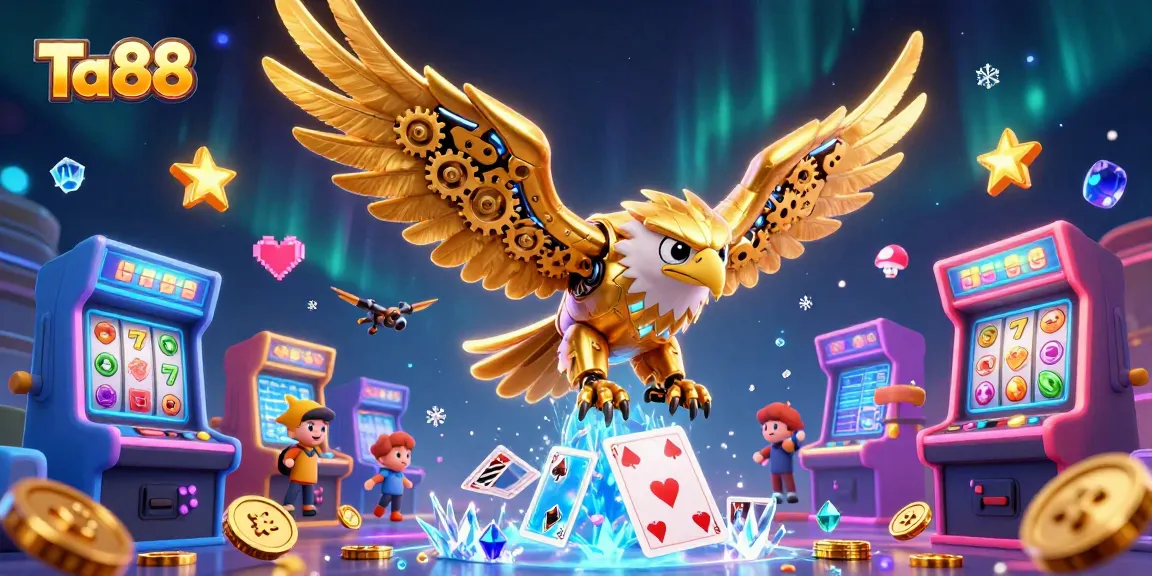 Experience exhilarating Ta88 gameplay with a golden eagle flying through slots and gaming elements.