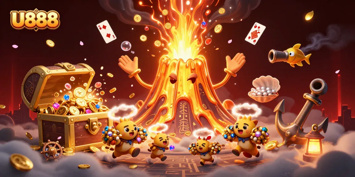 Experience the excitement of U888 with a treasure-filled volcano and fleeing explorers in this vibrant gambling scene.