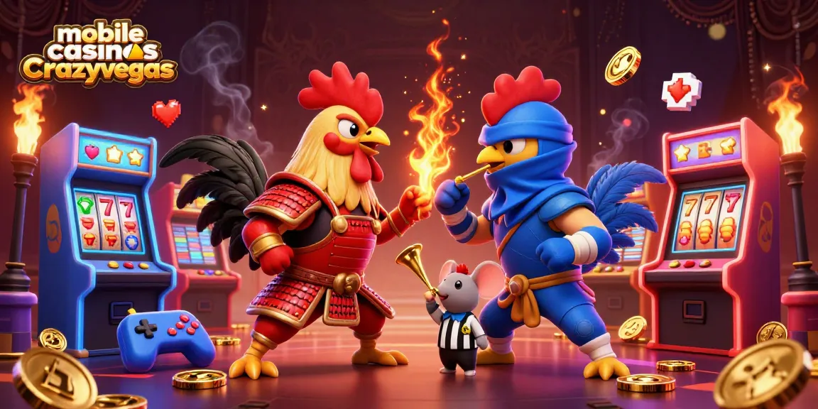 Mobile casinos crazyvegas feature an epic duel between two cartoon roosters in vibrant casino-themed illustration.