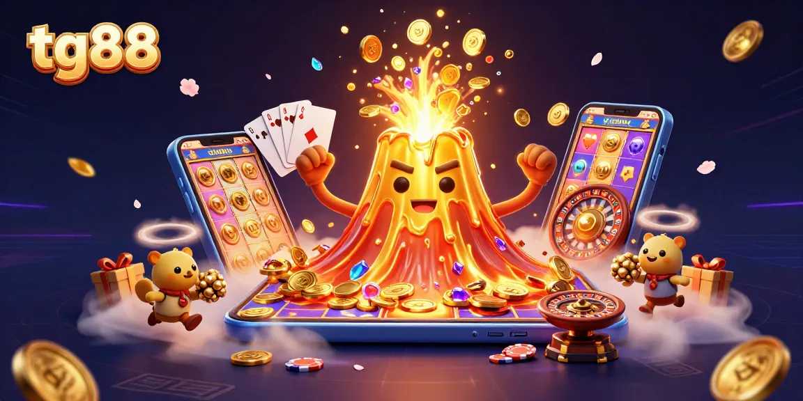 Experience thrilling wins at tg88 with a vibrant 3D casino illustration of treasure erupting from a golden volcano.