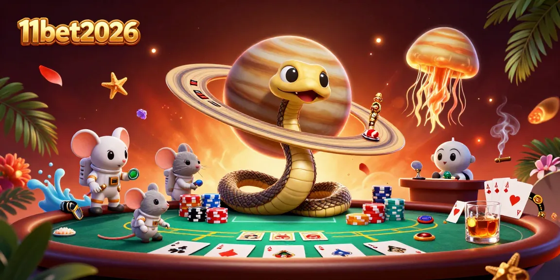 Experience the thrill of betting on 11bet2026 with cosmic characters in a vibrant casino scene.