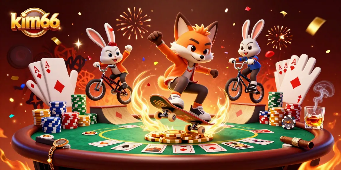 Experience the thrilling action at kim66 with playful fox and rabbit amidst vibrant casino elements.